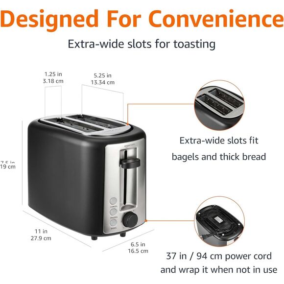 2 Slice Toaster With 6 Browning Settings Extra Wide Slots Bagels and Breads - Picture 3 of 6